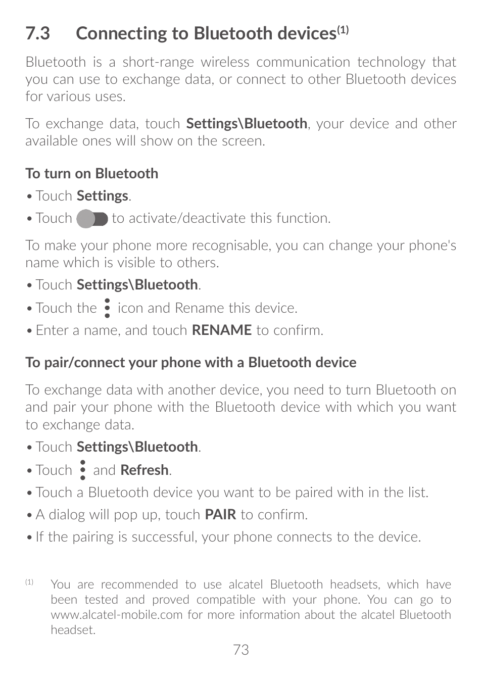 3 connecting to bluetooth devices, 7�3 connecting to bluetooth devices | Alcatel Idol 4S 6070K User Manual | Page 74 / 137