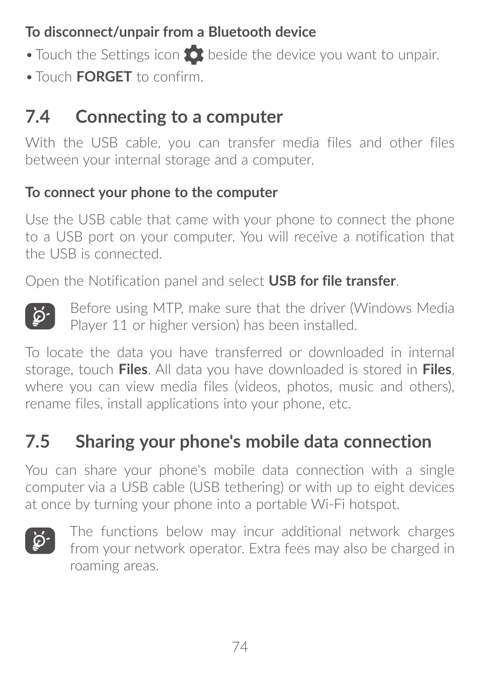 4 connecting to a computer, 5 sharing your phone's mobile data connection, 7�4 connecting to a computer | 7�5 sharing your phone's mobile data connection | Alcatel Idol 4S 6070K User Manual | Page 75 / 137