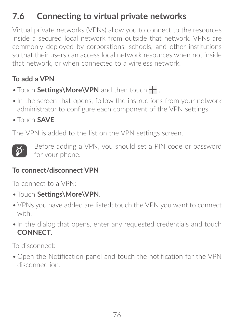 6 connecting to virtual private networks, 7�6 connecting to virtual private networks | Alcatel Idol 4S 6070K User Manual | Page 77 / 137