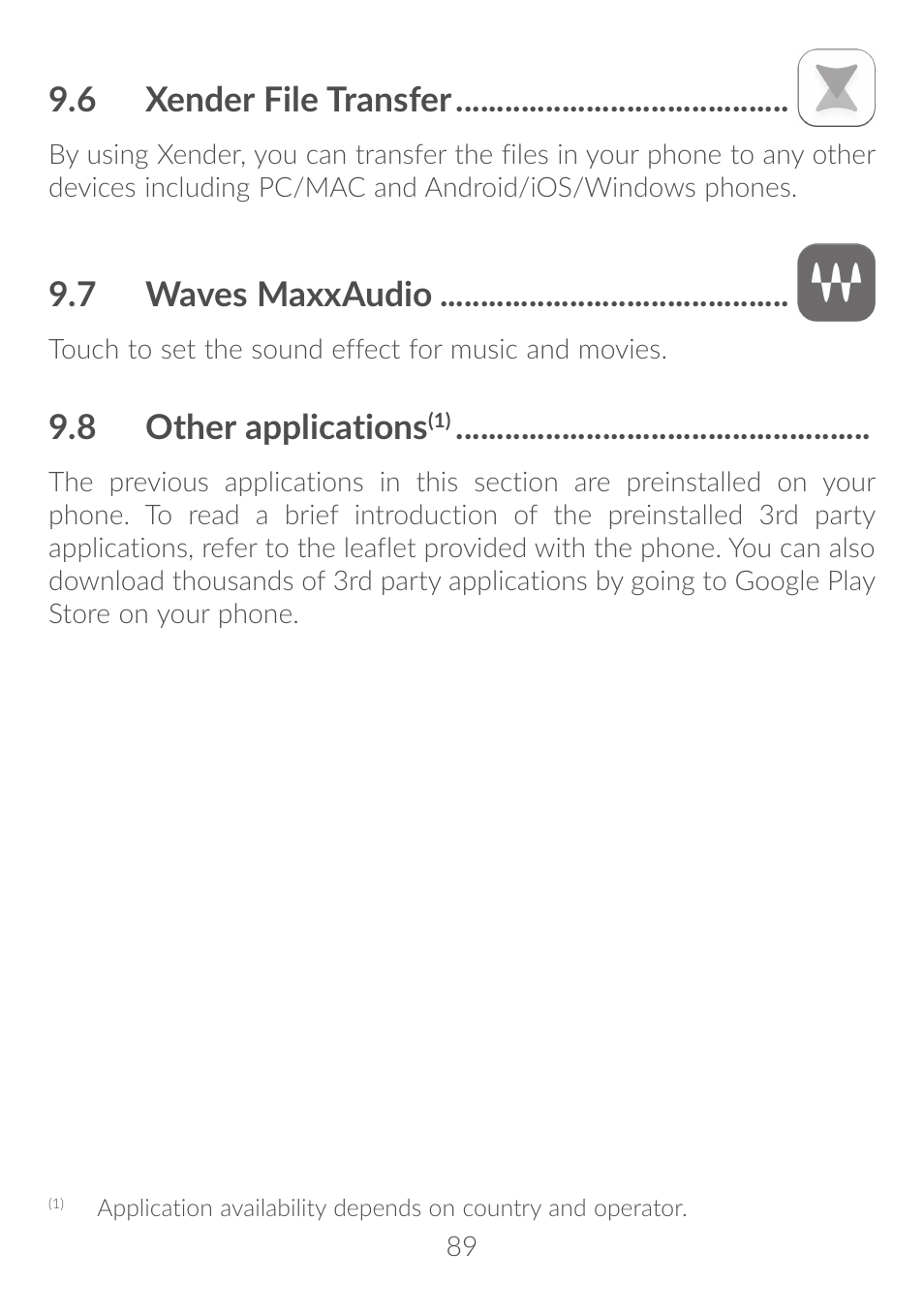6 xender file transfer, 7 waves maxxaudio, 8 other applications | 9�6 xender file transfer, 9�7 waves maxxaudio, 9�8 other applications | Alcatel Idol 4S 6070K User Manual | Page 90 / 137