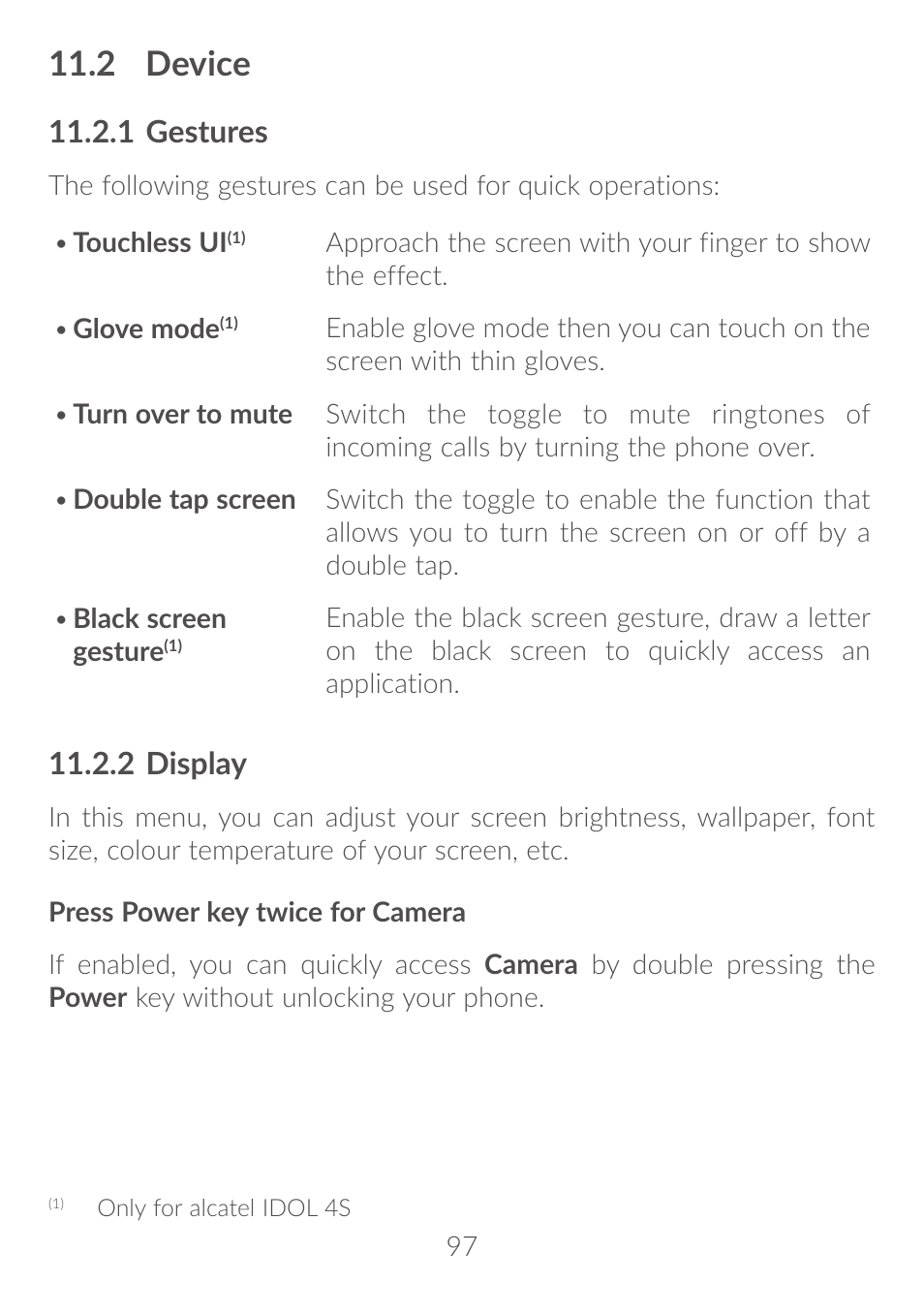 2 device, 11�2 device, 11�2�1 gestures | 11�2�2 display | Alcatel Idol 4S 6070K User Manual | Page 98 / 137