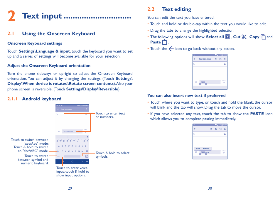2 text input, 1 using the onscreen keyboard, 2 text editing | 1 using the onscreen keyboard 2.2 text editing, Text input | Alcatel Idol 3 6045Y User Manual | Page 16 / 65