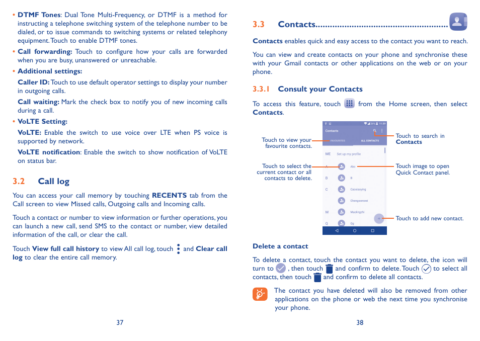 2 call log, 3 contacts, 2 call log 3.3 contacts | Alcatel Idol 3 6045Y User Manual | Page 20 / 65