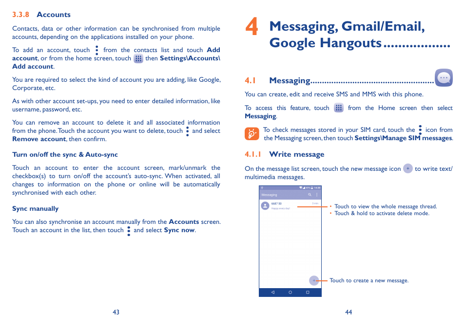 4 messaging, gmail/email, google hangouts, 1 messaging, Messaging, gmail/email, google hangouts | Alcatel Idol 3 6045Y User Manual | Page 23 / 65