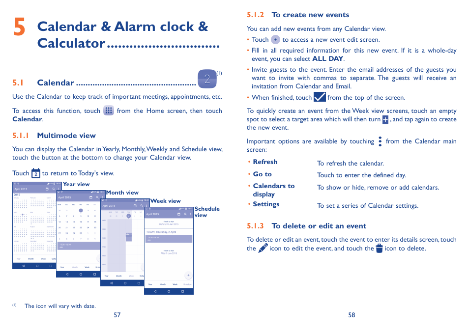 5 calendar & alarm clock & calculator, 1 calendar, Calendar & alarm clock & calculator | Alcatel Idol 3 6045Y User Manual | Page 30 / 65