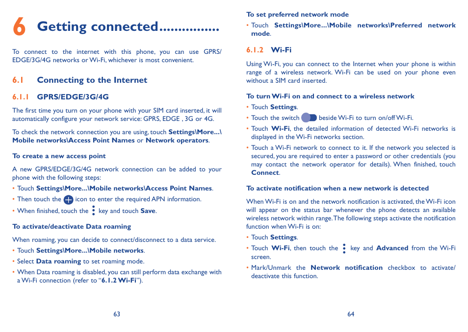 6 getting connected, 1 connecting to the internet, Getting connected | Alcatel Idol 3 6045Y User Manual | Page 33 / 65