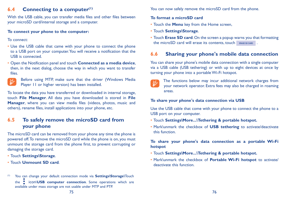 4 connecting to a computer, 6 sharing your phone's mobile data connection | Alcatel Idol 3 6045Y User Manual | Page 39 / 65