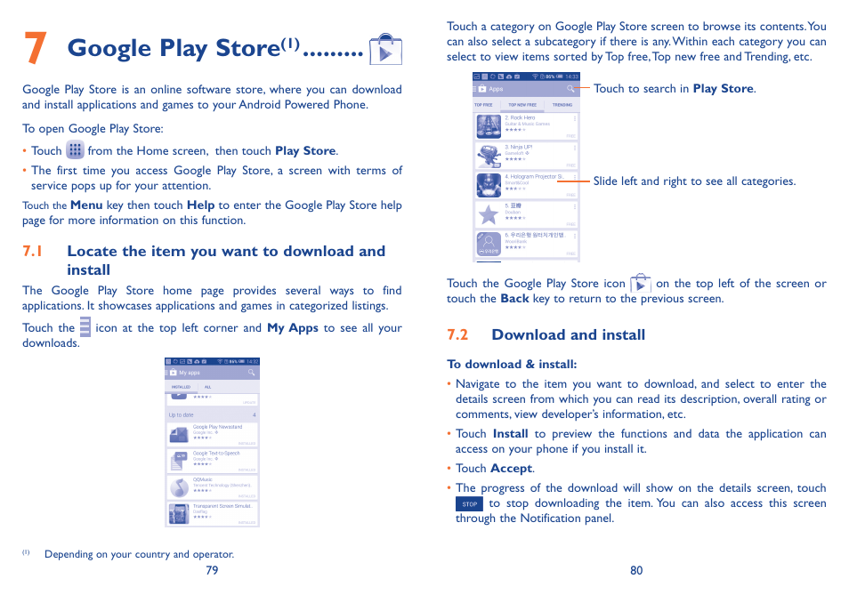 7 google play store, 1 locate the item you want to download and install, 2 download and install | Google play store | Alcatel Idol 3 6045Y User Manual | Page 41 / 65