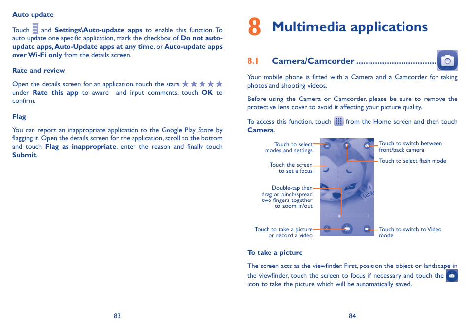 8 multimedia applications, 1 camera/camcorder, Multimedia applications | Alcatel Idol 3 6045Y User Manual | Page 43 / 65