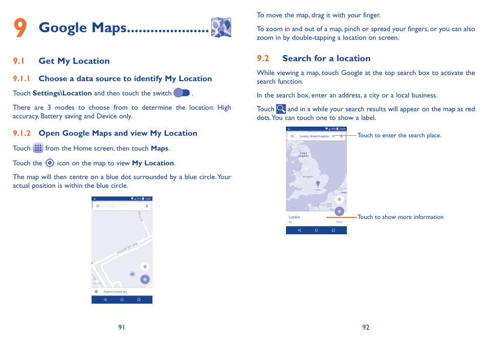 9 google maps, 1 get my location, 2 search for a location | 1 get my location 9.2 search for a location, Google maps | Alcatel Idol 3 6045Y User Manual | Page 47 / 65