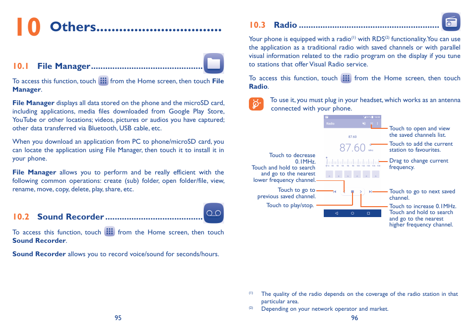 10 others, 1 file manager, 2 sound recorder | 3 radio, 1 file manager 10.2 sound recorder 10.3 radio, Others | Alcatel Idol 3 6045Y User Manual | Page 49 / 65