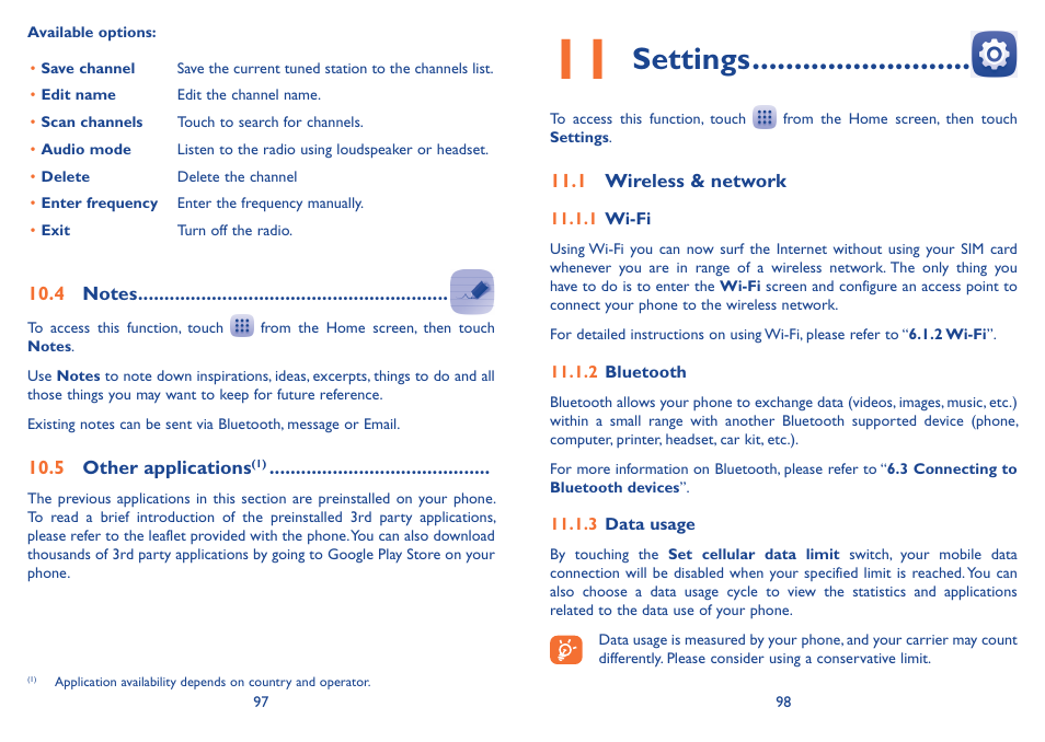 4 notes, 5 other applications, 11 settings | 1 wireless & network, 4 notes 10.5 other applications, Settings | Alcatel Idol 3 6045Y User Manual | Page 50 / 65