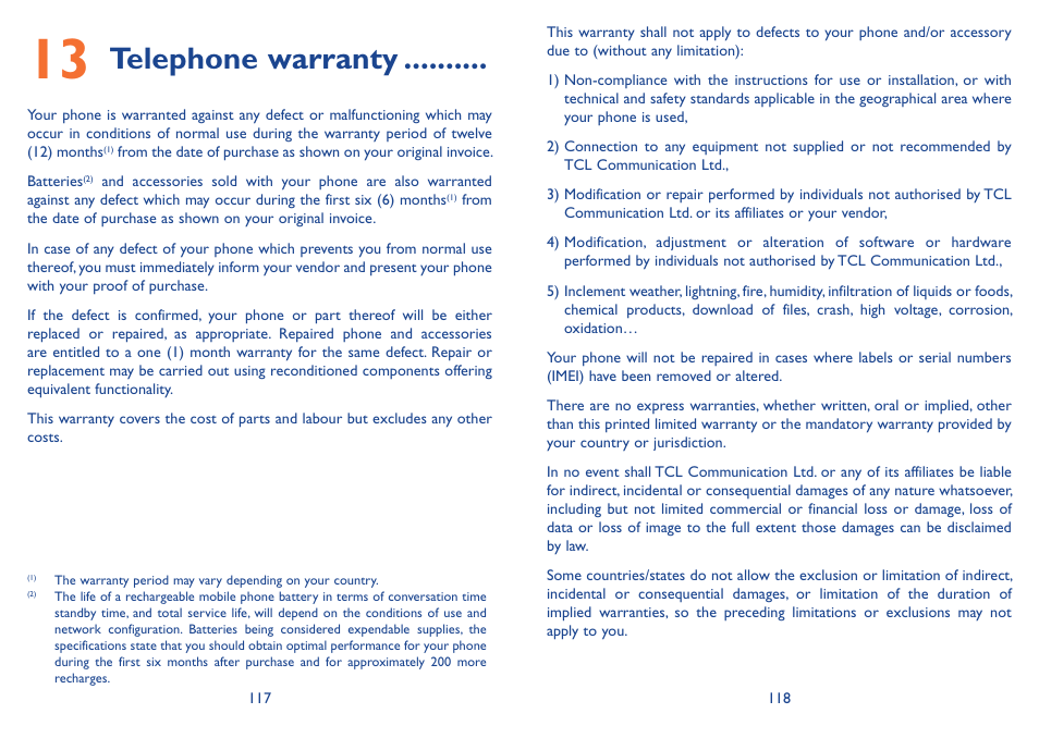 13 telephone warranty, Telephone warranty | Alcatel Idol 3 6045Y User Manual | Page 60 / 65