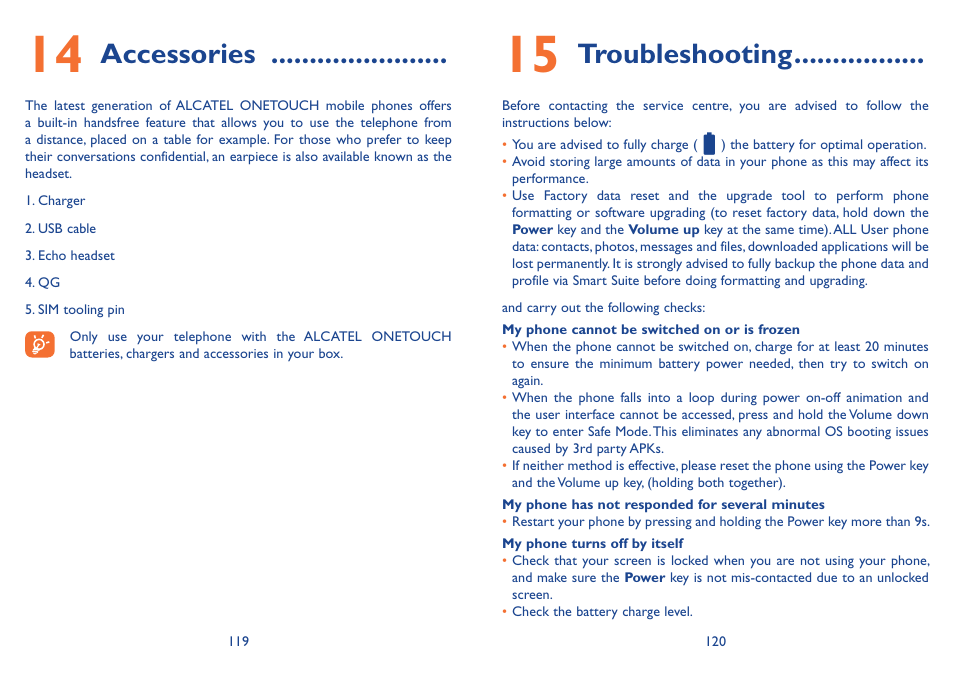14 accessories, 15 troubleshooting, Accessories | Troubleshooting | Alcatel Idol 3 6045Y User Manual | Page 61 / 65