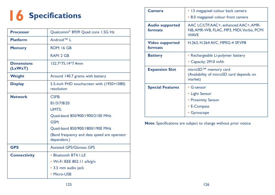 16 specifications, Specifications | Alcatel Idol 3 6045Y User Manual | Page 64 / 65