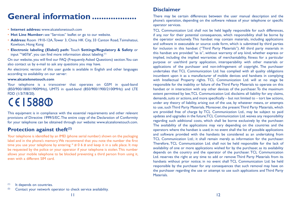 General information, Protection against theft, Disclaimer | Alcatel Idol 3 6045Y User Manual | Page 7 / 65
