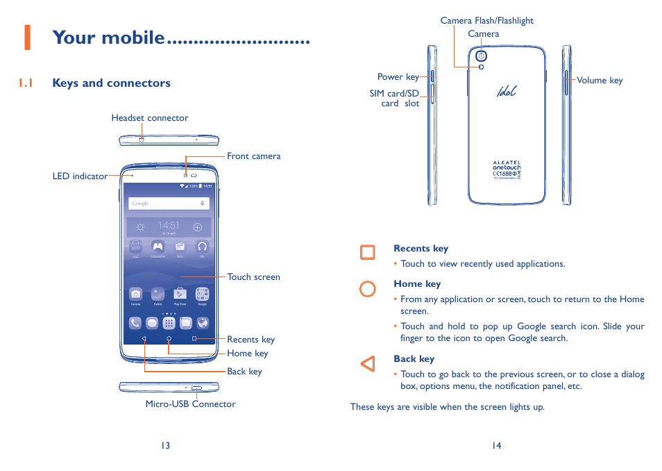 1 your mobile, 1 keys and connectors, Your mobile | Alcatel Idol 3 6045Y User Manual | Page 8 / 65