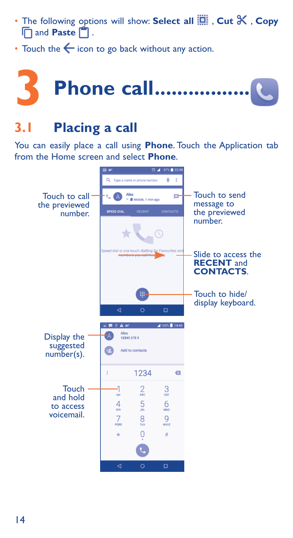 Phone call, 3�1 placing a call | Alcatel Idol 3 6039 Y User Manual | Page 14 / 40
