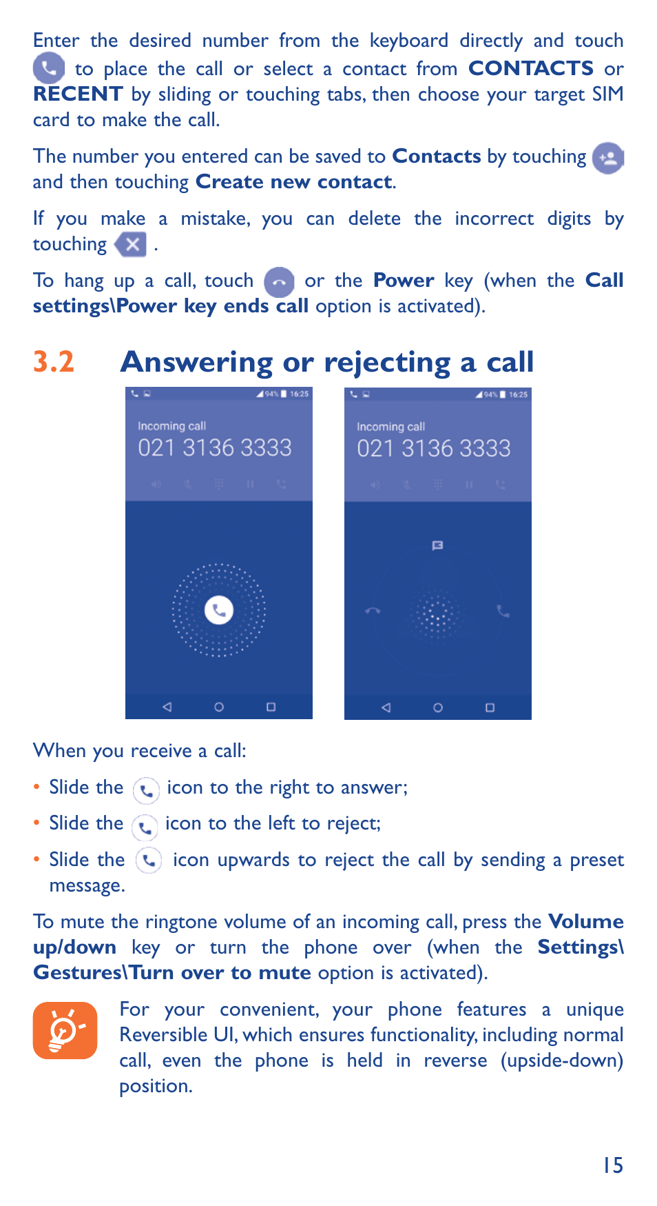3�2 answering or rejecting a call | Alcatel Idol 3 6039 Y User Manual | Page 15 / 40