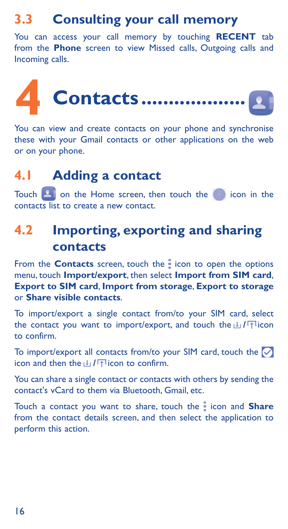 Contacts | Alcatel Idol 3 6039 Y User Manual | Page 16 / 40