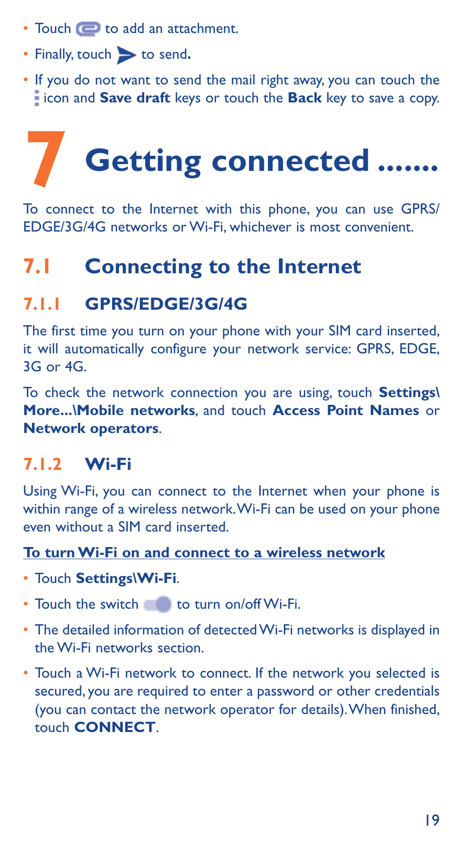 Getting connected, 7�1 connecting to the internet | Alcatel Idol 3 6039 Y User Manual | Page 19 / 40