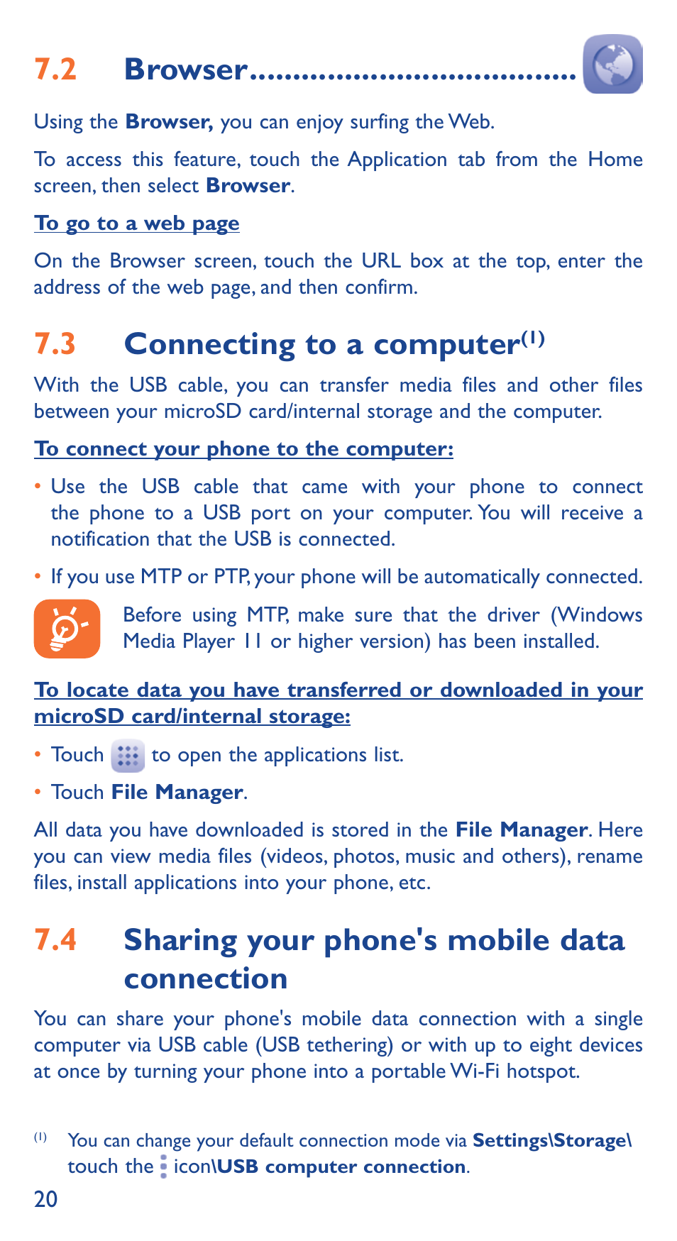 7�2 browser, 7�3 connecting to a computer, 7�4 sharing your phone's mobile data connection | Alcatel Idol 3 6039 Y User Manual | Page 20 / 40