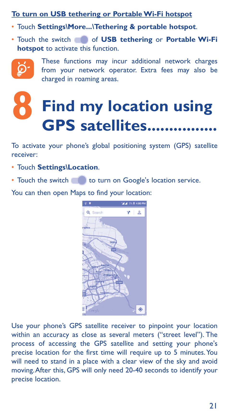 Find my location using gps satellites | Alcatel Idol 3 6039 Y User Manual | Page 21 / 40
