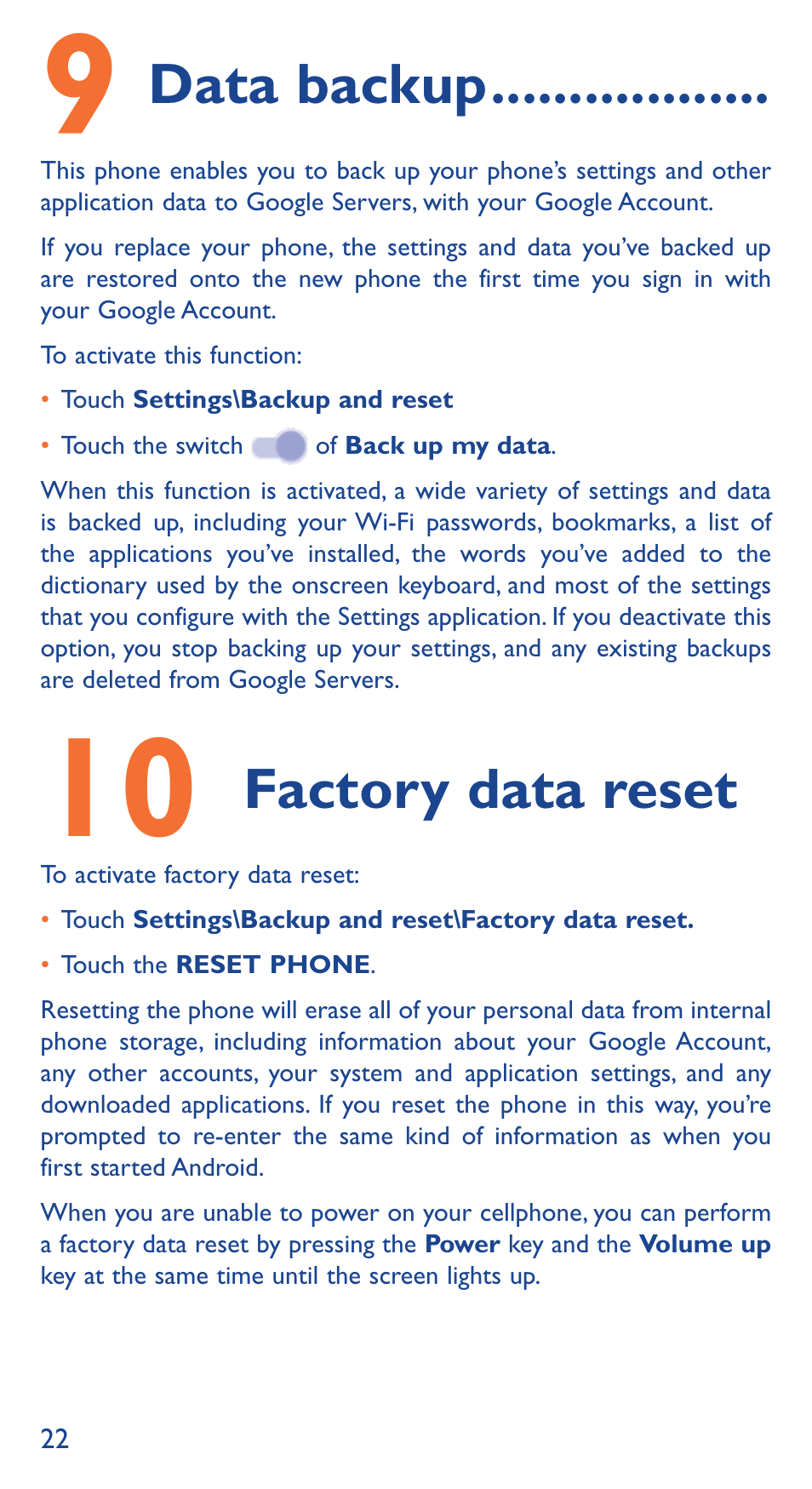 Data backup, Factory data reset | Alcatel Idol 3 6039 Y User Manual | Page 22 / 40