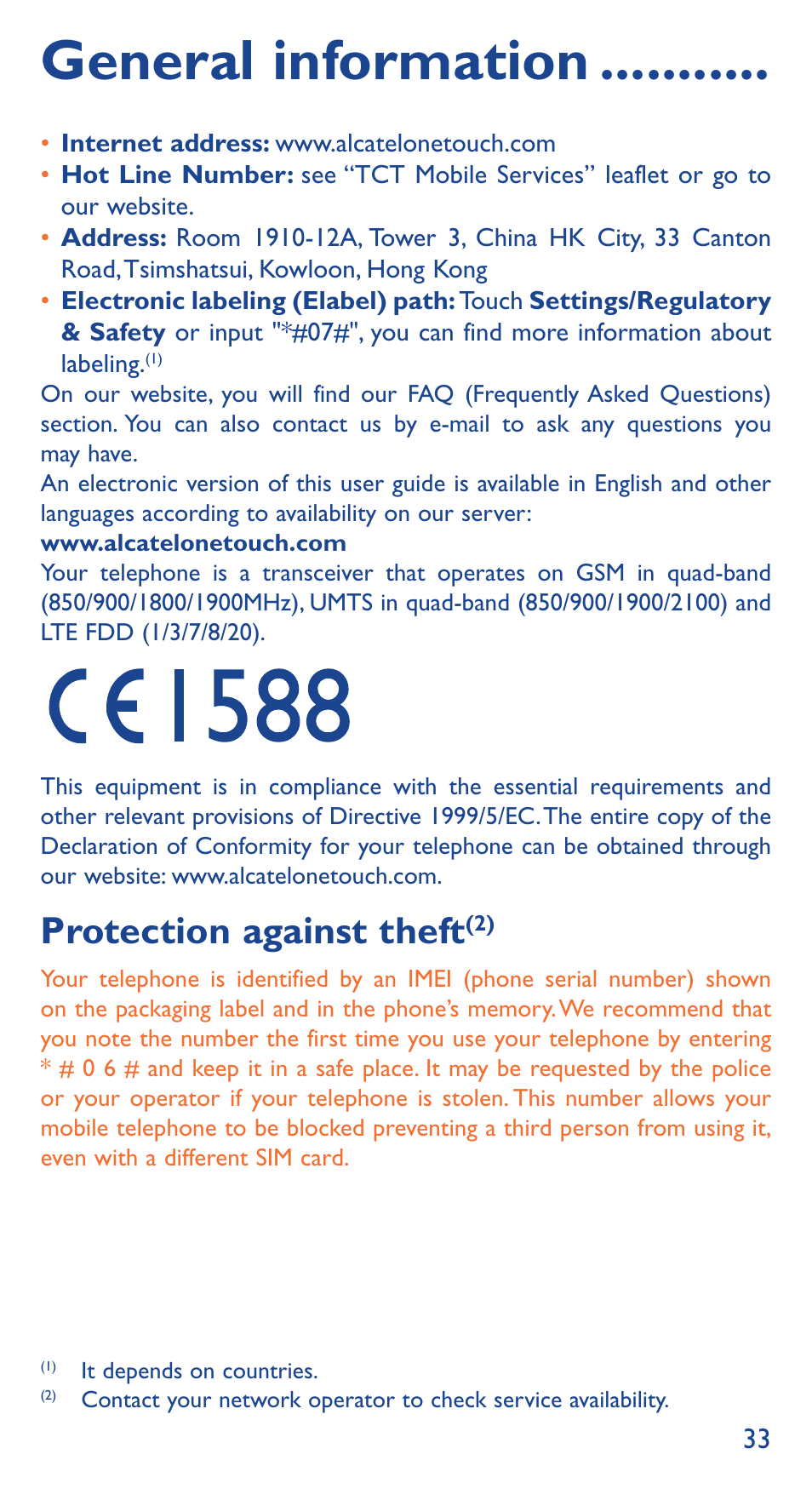 General information, Protection against theft | Alcatel Idol 3 6039 Y User Manual | Page 33 / 40