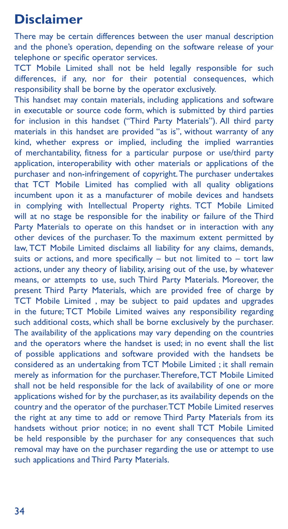 Disclaimer | Alcatel Idol 3 6039 Y User Manual | Page 34 / 40