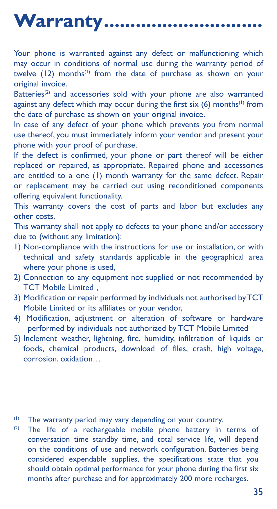 Warranty | Alcatel Idol 3 6039 Y User Manual | Page 35 / 40