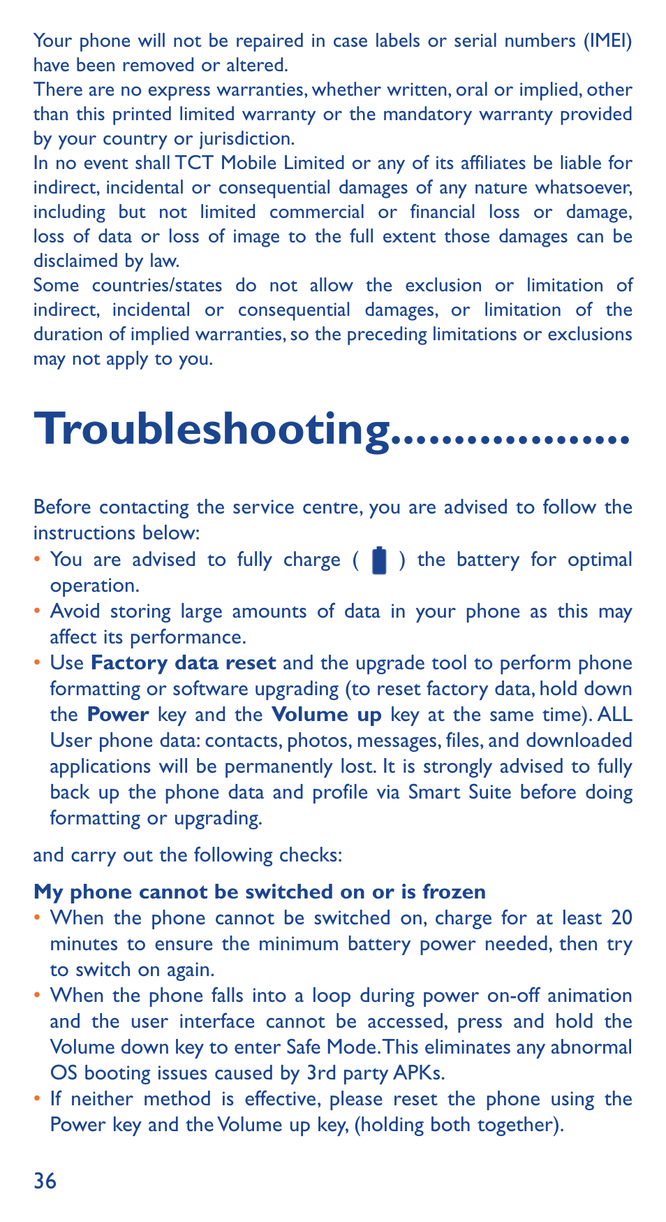 Troubleshooting | Alcatel Idol 3 6039 Y User Manual | Page 36 / 40