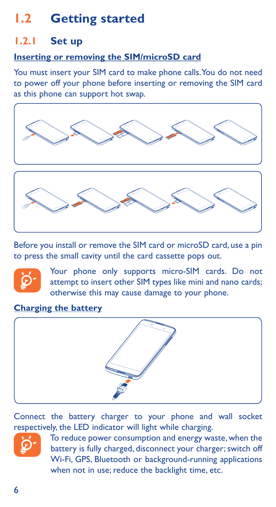 1�2 getting started | Alcatel Idol 3 6039 Y User Manual | Page 6 / 40