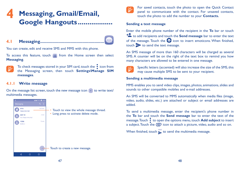 Messaging, gmail/email, google hangouts | Alcatel Idol 3  6039 S User Manual | Page 25 / 66