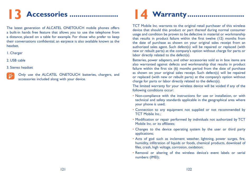 Accessories, Warranty | Alcatel Idol 3  6039 S User Manual | Page 62 / 66