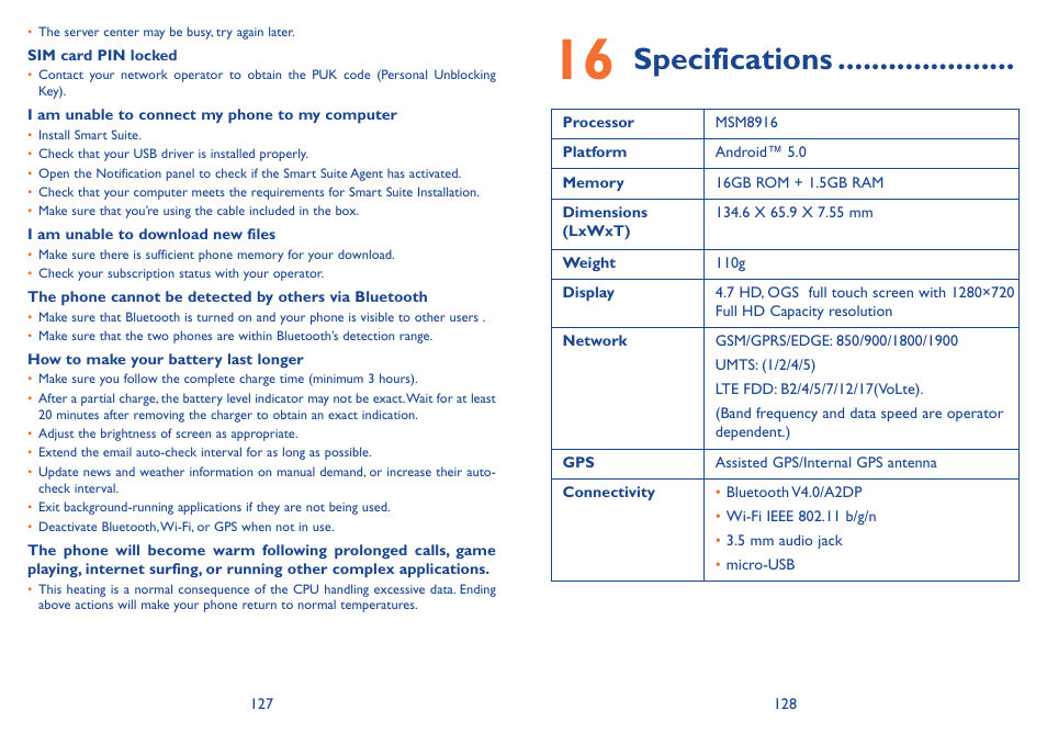 Specifications | Alcatel Idol 3  6039 S User Manual | Page 65 / 66