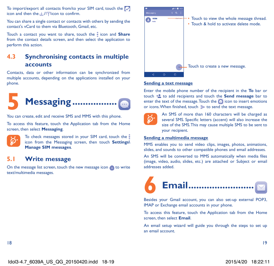 Messaging, Email | Alcatel Idol 3  6039 A User Manual | Page 10 / 22