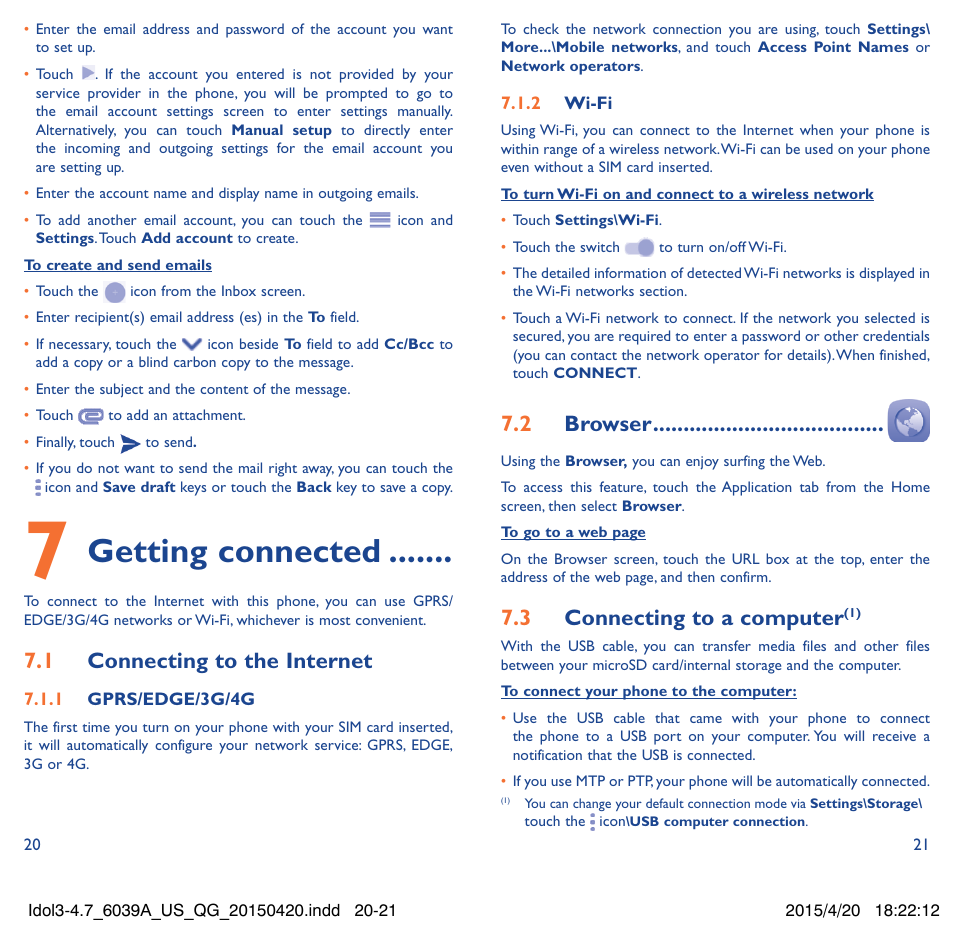 Getting connected, 7�1 connecting to the internet, 7�2 browser | 7�3 connecting to a computer | Alcatel Idol 3  6039 A User Manual | Page 11 / 22