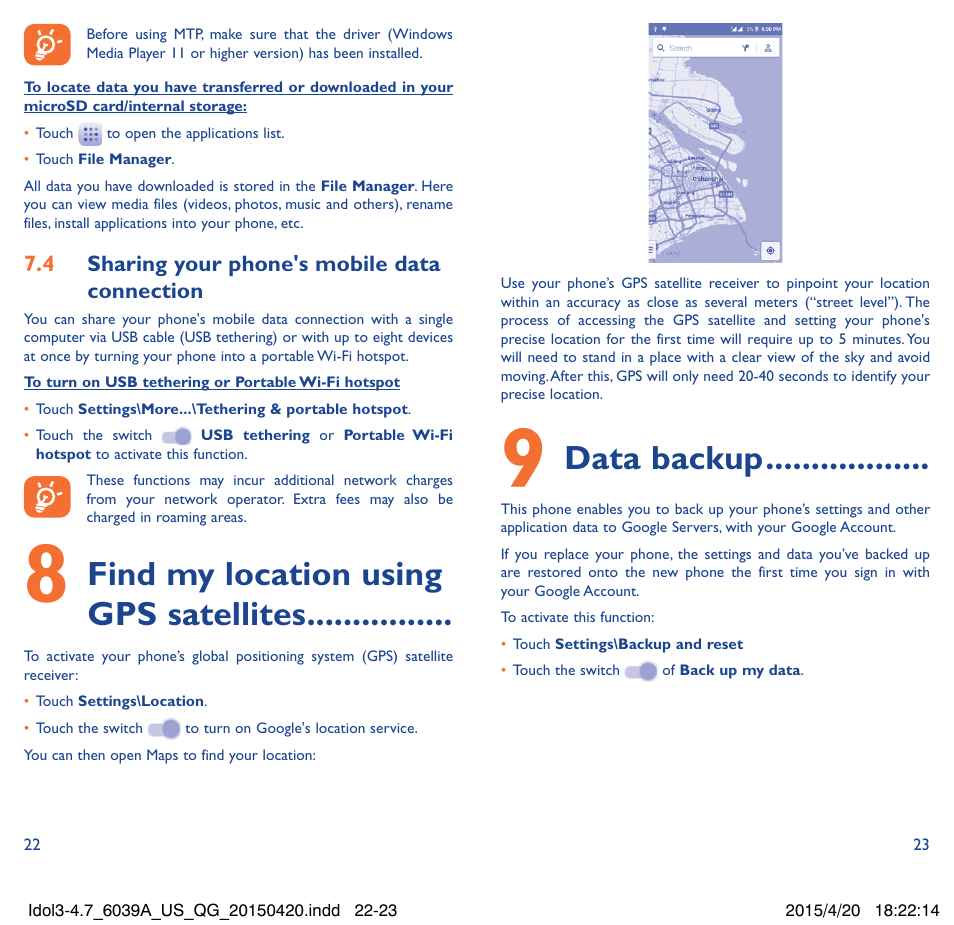 Find my location using gps satellites, Data backup | Alcatel Idol 3  6039 A User Manual | Page 12 / 22