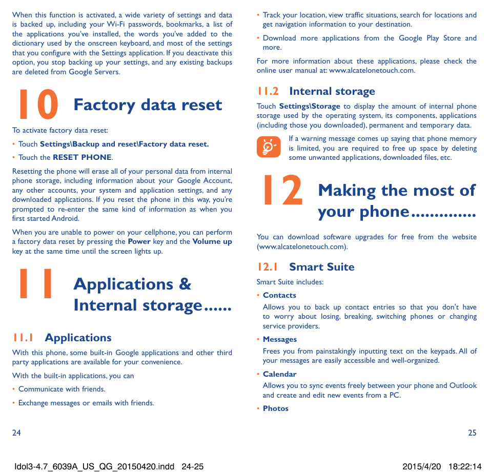 Factory data reset, Applications & internal storage, Making the most of your phone | Alcatel Idol 3  6039 A User Manual | Page 13 / 22