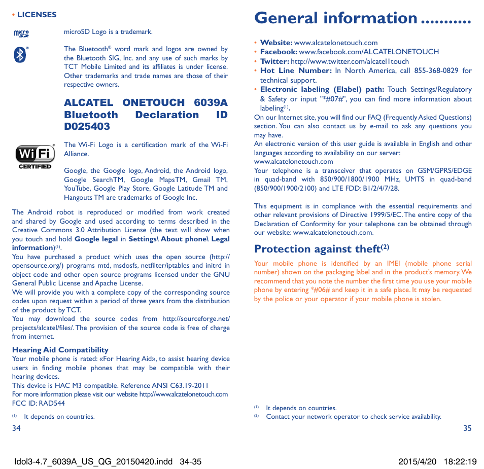 General information, Protection against theft | Alcatel Idol 3  6039 A User Manual | Page 18 / 22