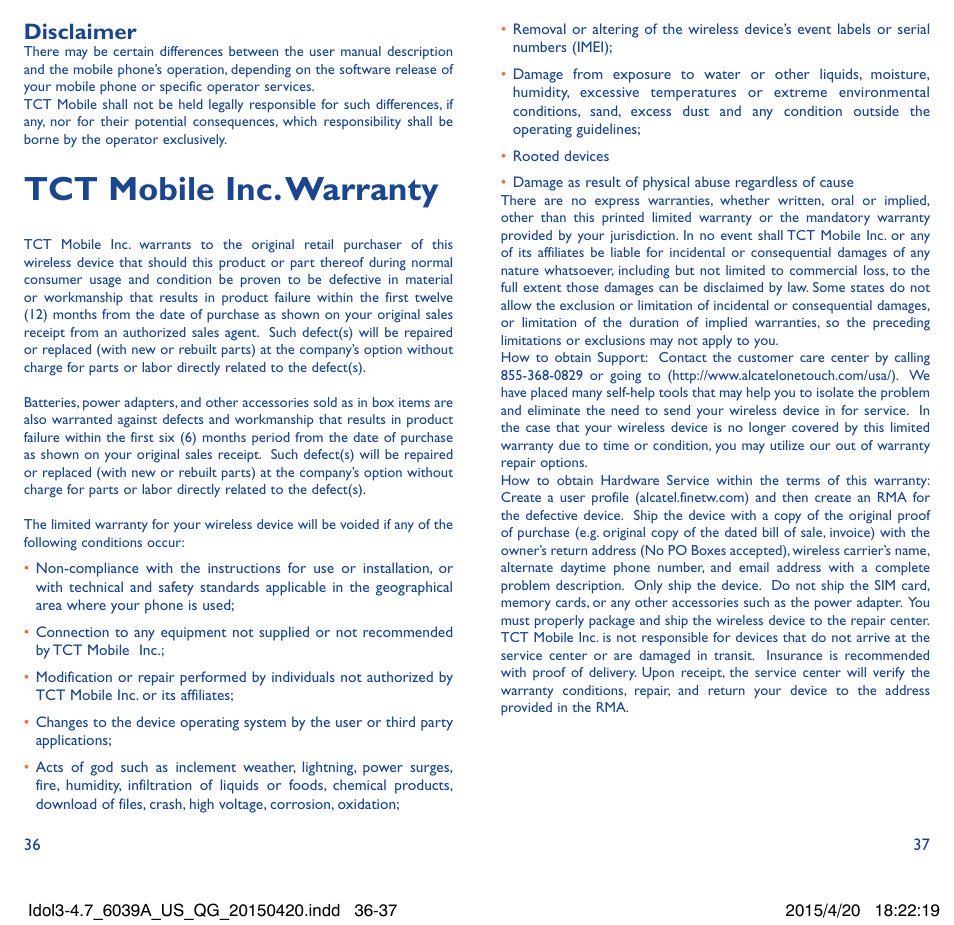 Tct mobile inc� warranty, Disclaimer | Alcatel Idol 3  6039 A User Manual | Page 19 / 22