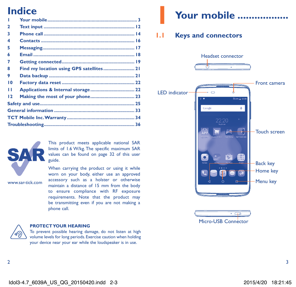 Your mobile, Indice | Alcatel Idol 3  6039 A User Manual | Page 2 / 22