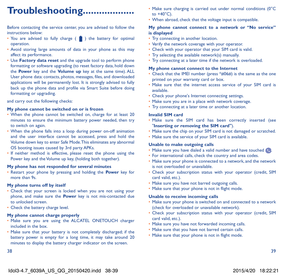 Troubleshooting | Alcatel Idol 3  6039 A User Manual | Page 20 / 22