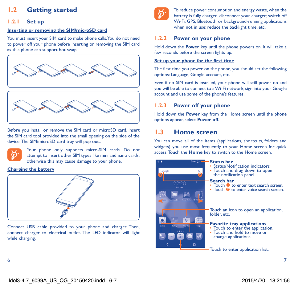 1�2 getting started, 1�3 home screen | Alcatel Idol 3  6039 A User Manual | Page 4 / 22