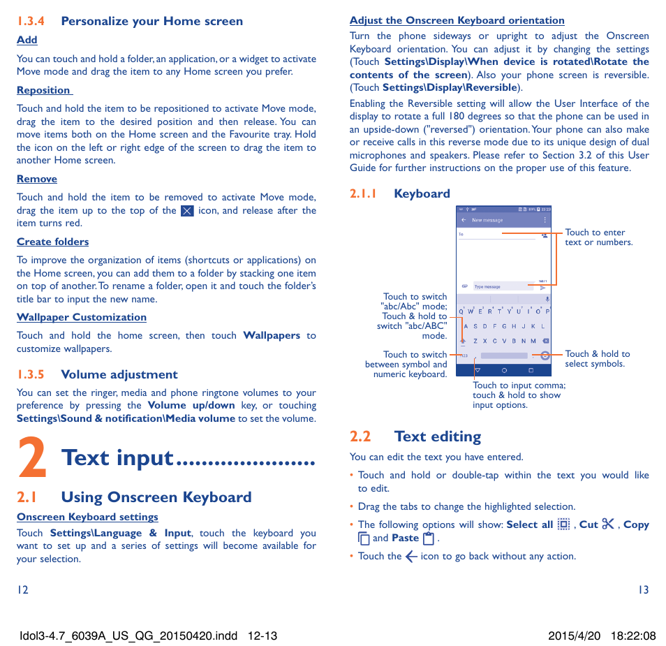 Text input, 2�1 using onscreen keyboard, 2�2 text editing | Alcatel Idol 3  6039 A User Manual | Page 7 / 22