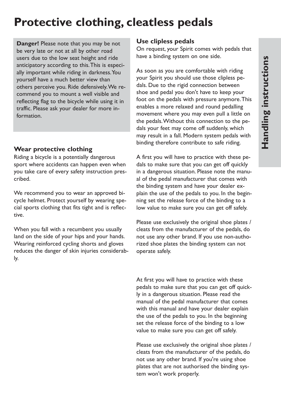 Protective clothing, cleatless pedals, Handling instructions | HP Velotechnik Spirit User Manual | Page 27 / 72