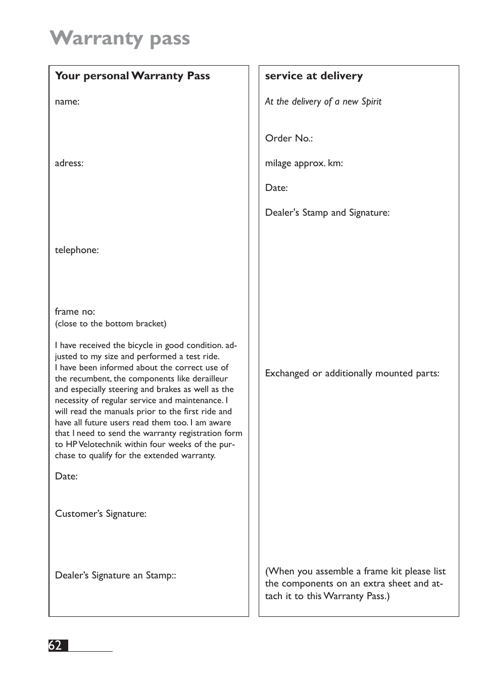 Warranty pass | HP Velotechnik Spirit User Manual | Page 64 / 72