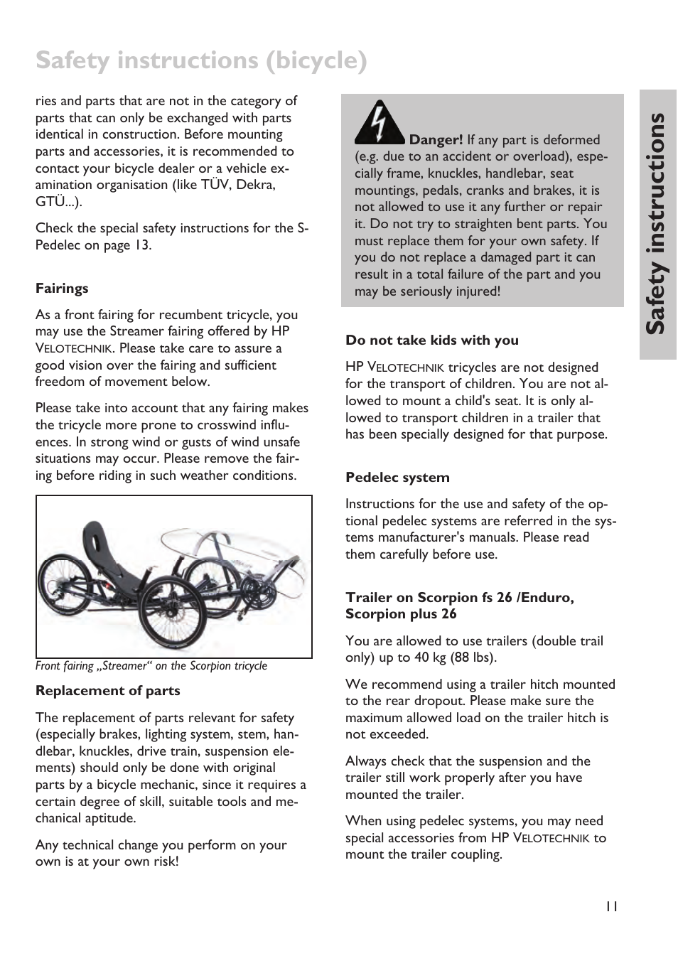 Safety instructions (bicycle), Saf ety instructions | HP Velotechnik trikes User Manual | Page 15 / 104