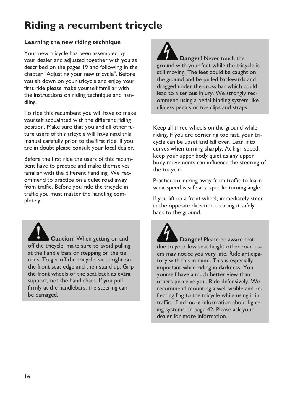 Handling instructions, Riding a recumbent tricycle | HP Velotechnik trikes User Manual | Page 20 / 104